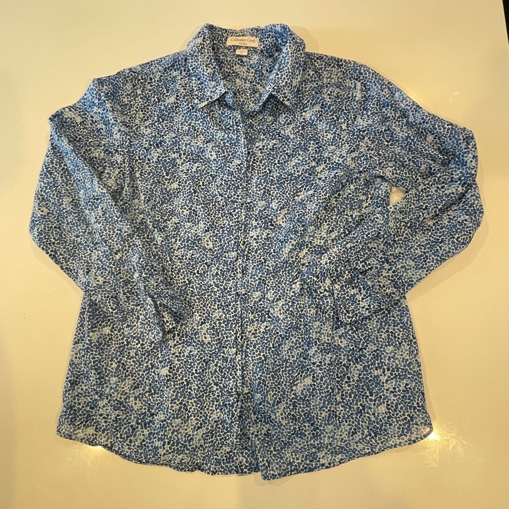 100% Cotton Blue/White Dot Pebble Lightweight Button Down Collar Coldwater Creek